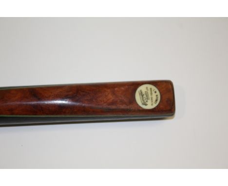 VINTAGE SNOOKER CUE - BURROUGHES &amp; WATTS with a pear wood or maple shaft, with a burr wood, ebony and greenheart splice a