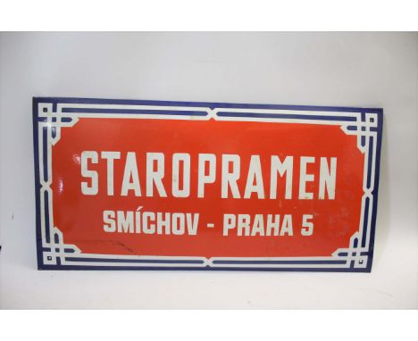 STAROPRAMEN BREWERY ENAMEL SIGN - PRAGUE an enamel sign for Staropramen, Smichov - Praha 5. 80cms by 40cms *Staropramen is a 