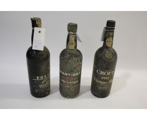 VINTAGE PORT: Fonseca, 1974, wax cap good, one bottle; Croft 1982, one bottle, cap good, one bottle; Martinez Gassiot, 1982, 
