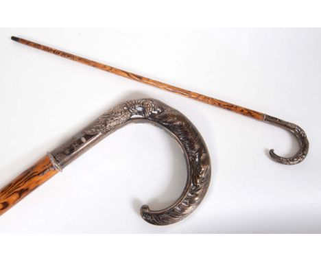 SILVER TOP WALKING STICK - FOX &amp; PHEASANT a walking stick with a wooden shaft and curved silver top, with a depiction of 