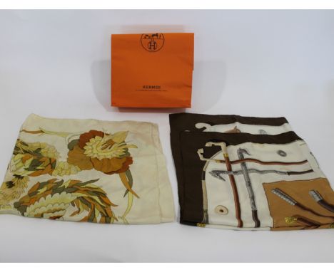 HERMES SCARVES a Hermes Tahiti silk scarf and a Cannes and Pommeaux Francoise De La Perriere Hermes scarf. Also with a Hermes