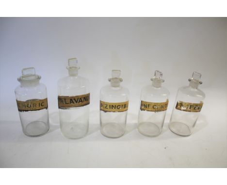 VINTAGE CHEMISTS BOTTLES 5 vintage glass bottles each with the name of the substance, including AC Boric, Lavand etc. One bot
