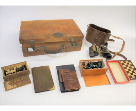 VARIOUS COLLECTABLES including a leather wallet with 9ct gold mounts, a leather cased pair of binoculars, a boxed wooden ches