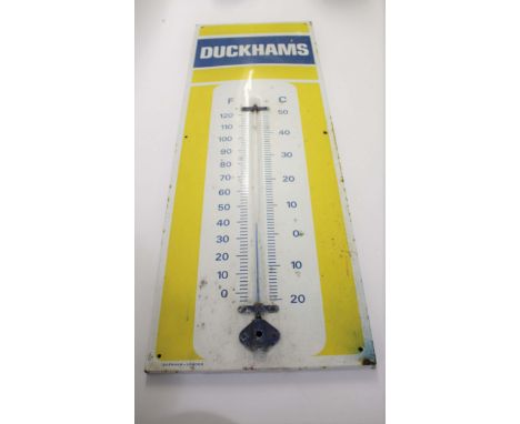 DUCKHAMS ADVERTISING ENAMEL SIGN a large enamel sign with attached thermometer, and with measurements in Celsius and Fahrenhe
