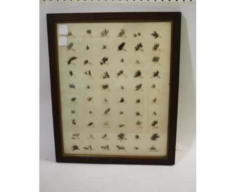 FRAMED VINTAGE FISHING FLIES reputably made by George Kelson, 60 various flies mounted on paper or card. Mounted and in an oa