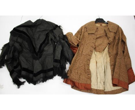19THC CLOTHING &amp; OTHER ITEMS including a 19thc black silk blouse, a 19thc brown patterned silk jacket (with later alterat