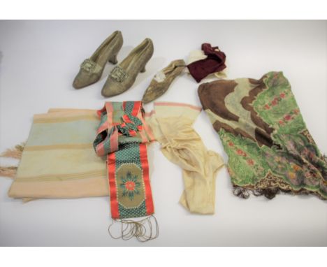 VINTAGE SHOES &amp; CLOTHING including a 18thc silk shoe, a fine silk patterned shawl, a red and green silk ribbon sash, a pa