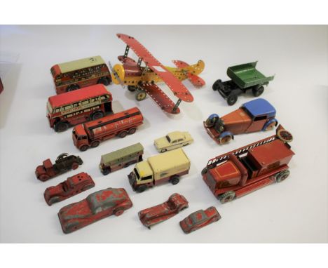 DIE CAST TOYS including a Meccano die cast car, Meccano aeroplane, a Chad Valley Fire Engine, 2 clockwork buses, Triang Minic