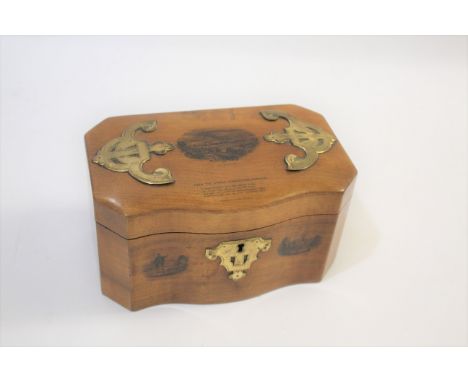 MAUCHLINE WARE TEA CADDY - DUNKELD a walnut tea caddy, with vignettes of Dunkeld on the front and lid, and a verse on the lid