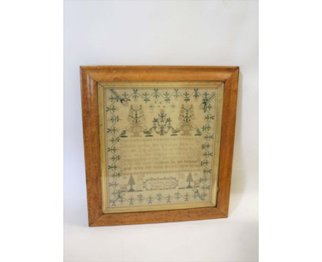19THC SAMPLER - 1828 the sampler embroidered with a verse in the centre, with a border of flowers and Birds. Marked under the