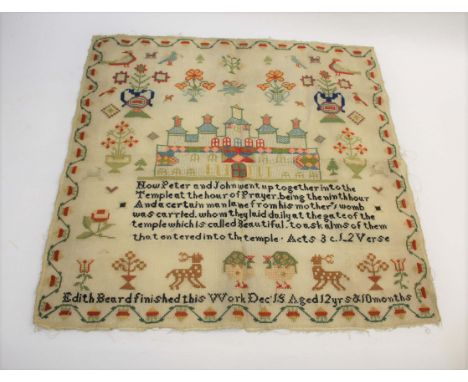 19THC SAMPLERS including a large square unframed sampler by Edith Beard, Aged 12 yrs 10 months, embroidered with a temple at 