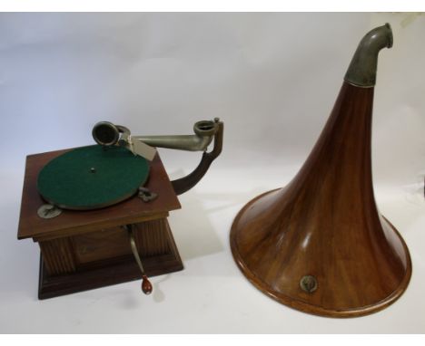HORN GRAMOPHONE by The Gramophone Company Ltd, with a mahogany base and HMV stylus, with a plaque on one side for The Gramoph