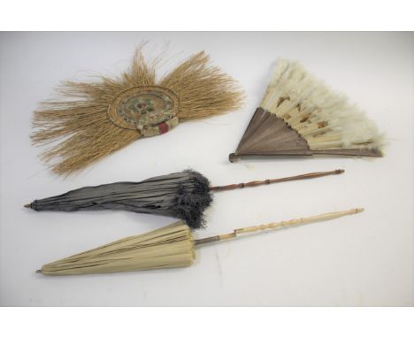 VINTAGE FANS &amp; PARASOLS including a tribal brushwood fan with hand painted decoration, a ostrich feather and wooden fan p