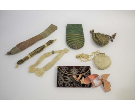 18THC CARD CASE &amp; VINTAGE PURSES a late 18thc dark red velvet card case with metallic thread decoration, and silk lining 