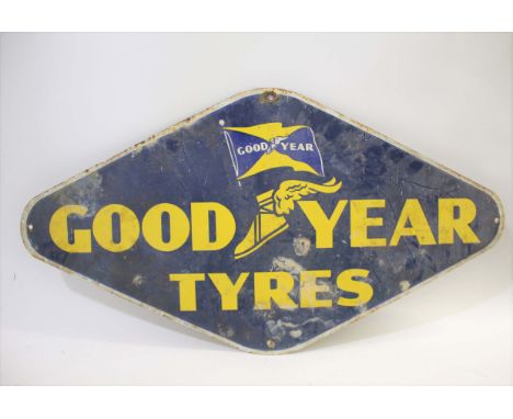 GOODYEAR TYRES ENAMEL SIGN a lozenge shaped enamel sign with yellow lettering on a blue ground, Goodyear Tyres. 91cms across