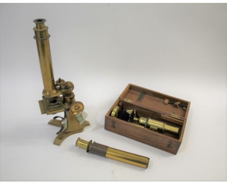 NEGRETTI &amp; ZAMBRA MICROSCOPE a brass monocular microscope by Negretti &amp; Zambra, also with a cased brass students micr