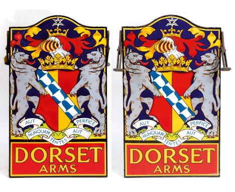 LARGE ENAMEL PUB SIGN - DORSET ARMS a large enamel double sided pub sign for the Dorset Arms, with metal brackets for hanging