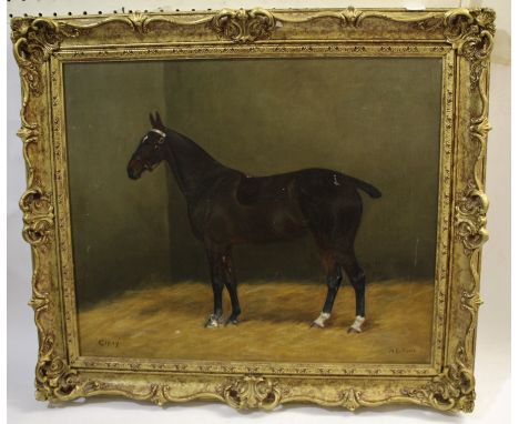 M BATTAMS - OIL PORTRAIT OF A HORSE an oil on canvas portrait of a Horse in a stable, Gipsy, mounted in a gilded frame. Signe