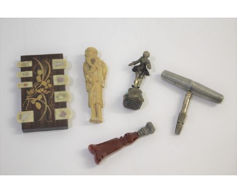 VARIOUS COLLECTABLES including a carved ivory Japanese netsuke the figure holding a staff, probably late 19thc. Also with 2 a