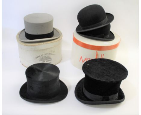 A BLACK TOP HAT BY HENRY HEATH &amp; TWO BLACK BOWLERS including a Thomas Townend &amp; Co Grey Top Hat (in a box by the same