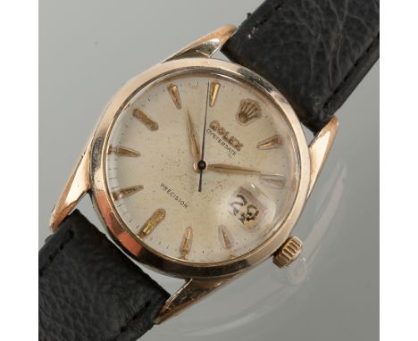 GENTLEMAN'S GOLD PLATED ROLEX OYSTERDATE PRECISION WRISTWATCH
c.1950s, the dial with yellow metal arrow batons and hands with