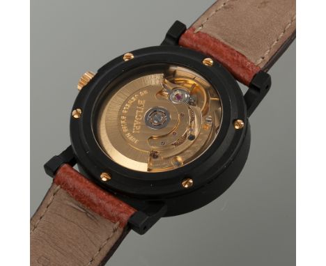GENTLEMAN'S BVLGARI CARBON GOLD AUTOMATIC LIMITED EDITION WRISTWATCH
c.2012, carbon effect black case and dial with gold bato