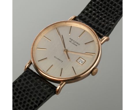 GENTLEMEN'S SLIM LINE RECORD DE LUXE OF LONGINES NINE CARAT GOLD WATCH
the silvered dial with baton hour markers and date ape