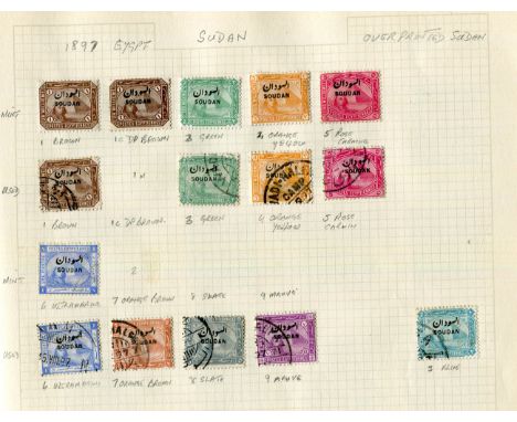 A collection of Sudan stamps in an album and folder from 1897 Egypt overprinted set to 10 piastres used, Camel Postman sets, 