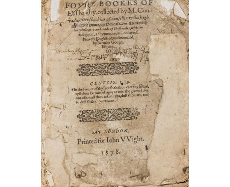 Agriculture.- Heresbach (Conrad) Foure bookes of husbandry, second edition in English, black letter, title with woodcut ornam