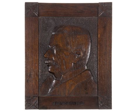 Africa.-  [Portrait of Henry Morton Stanley], carved in oak, frame with leaves to the corners, c.315 x 290 mm,  n.d.