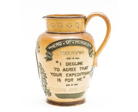Africa.- Doulton Lambeth.-  ['General Gordon' Commemorative Stonware Jug], ovoid form jug, slip decorated with central oval p