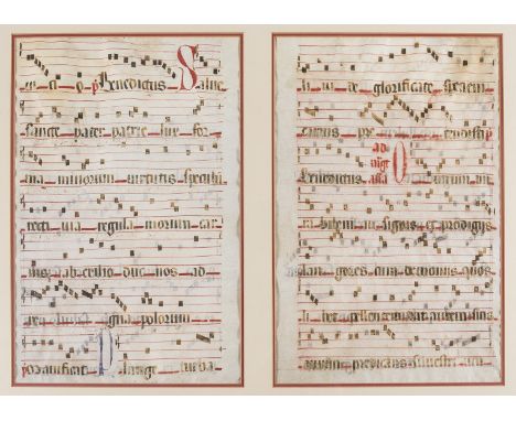 NO RESERVE Music.-  [Illuminated Musical Manuscript on vellum], 2 leaves illuminated musical manuscript on vellum, musical no