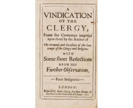 Religion.- Clergy.- A vindication of the clergy, from the contempt imposed upon them by the author of The grounds and occasio