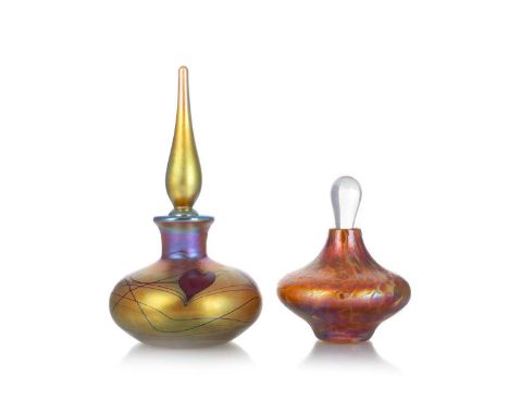 LUNDBERG, IRIDESCENT GLASS PERFUME BOTTLE, signed and dated 2000, and another smaller un-named perfume bottle14.5cm highQty: 