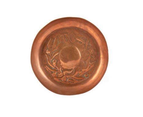 W.H. MAWSON (BRITISH, 1872-1960) FOR THE KESWICK HOME INDUSTRIES, ARTS & CRAFTS COPPER DISH, CIRCA 1900 embossed with band of