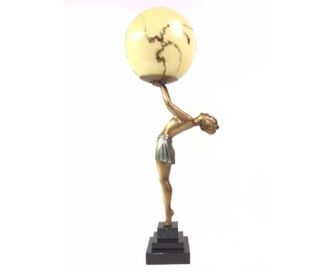 ART DECO COLD PAINTED SPELTER FIGURAL TABLE LAMP, CIRCA 1920-40 modelled as a semi-nude lady holding aloft a mottled glass sh