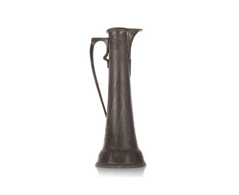 WALTER SHERF & CO., JUGENDSTIL 'OSIRIS' PEWTER PITCHER, CIRCA 1900 of tapered cylindrical form, cast with upper band of fruit