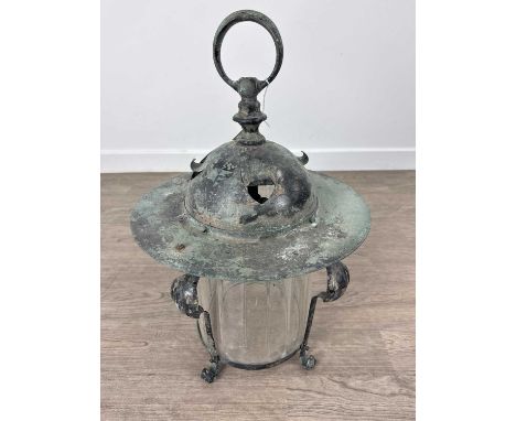 ART NOUVEAU WROUGHT COPPER HALL LANTERN, EARLY 20TH CENTURY later jappaned, the pierced domed top with hoop suspension and br