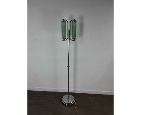 ART DECO CHROMED STANDARD LAMP, CIRCA 1920-40 with twin opaque and green glass shades over a knopped upright support and step