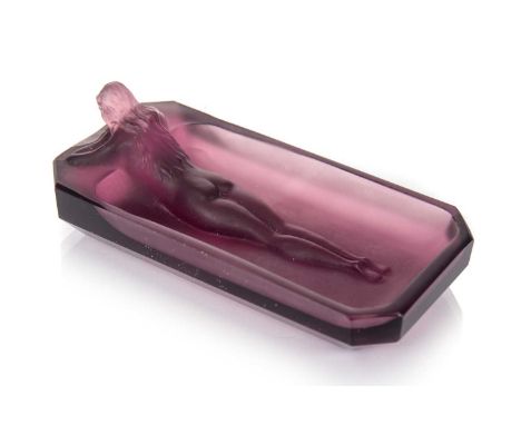ATTRIBUTED TO HEINRICH HOFFMAN, ART DECO FROSTED AMETHYST GLASS PIN DISH, CIRCA 1920-30 of oblong form with canted corners, m