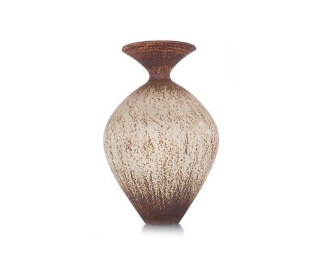 WAISTEL COOPER (BRITISH, 1921-2003), STONEWARE VASE, of baluster form with flared rim, textured decoration, iron oxide border