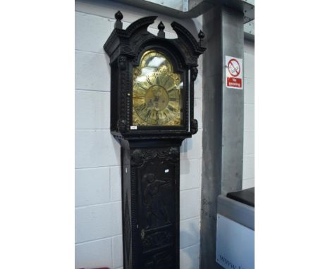 A period oak cased long cased clock , heavily carved case depicting George and Dragon, with 8 day movement and brass dial wit