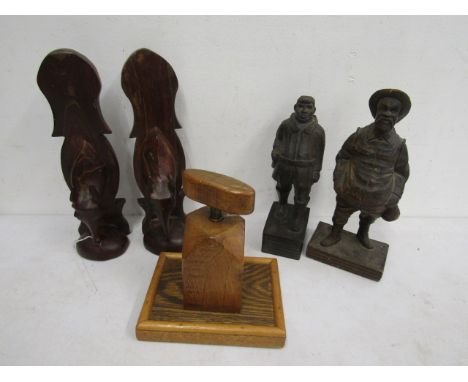 Treen figures, antelopes and nut cracker