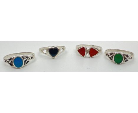 4 925 silver and natural stone set dress rings, to include 2 of Celtic design. Ring sizes O and OÂ½. 