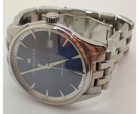 HAMILTON gents steel cased Jazzmaster quartz wristwatch having tapered baton chapters against a blue dial with date aperture 