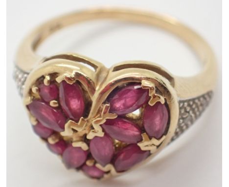 9ct gold ruby and diamond heart shape dress ring size K 3.3g
