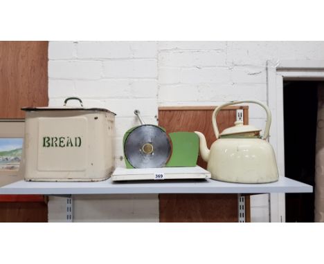 VINTAGE ENAMEL BREAD BIN, KETTLE AND MEAT SLICER