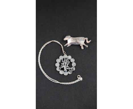 SILVER COW BROOCH AND TREE OF LIFE ZODIAC PENDANT ON SILVER CHAIN