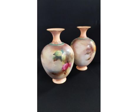 PAIR OF ANTIQUE HAND PAINTED ROYAL WORCESTER VASES 7'