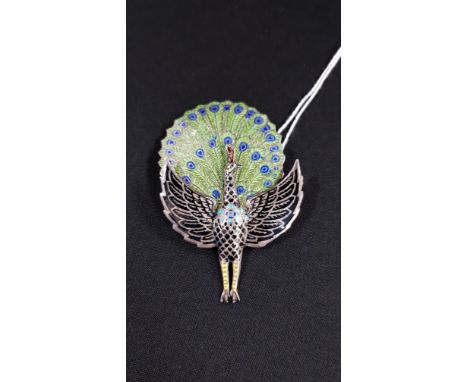 SIAM STERLING SILVER AND ENAMEL VINTAGE PEACOCK BROOCH